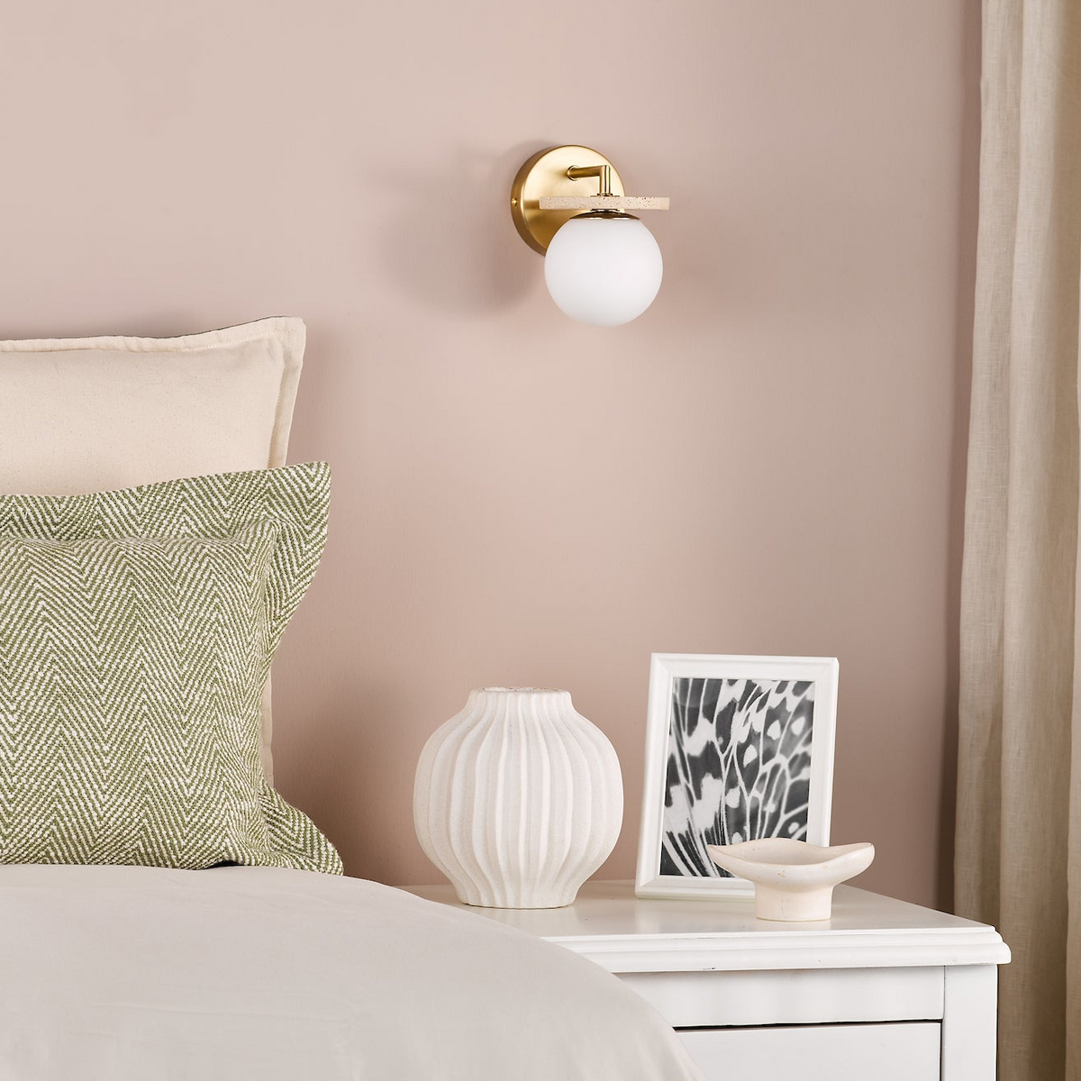 Inaya Wall Light In Natural Brass & Travertine with Opal Glass Shade
