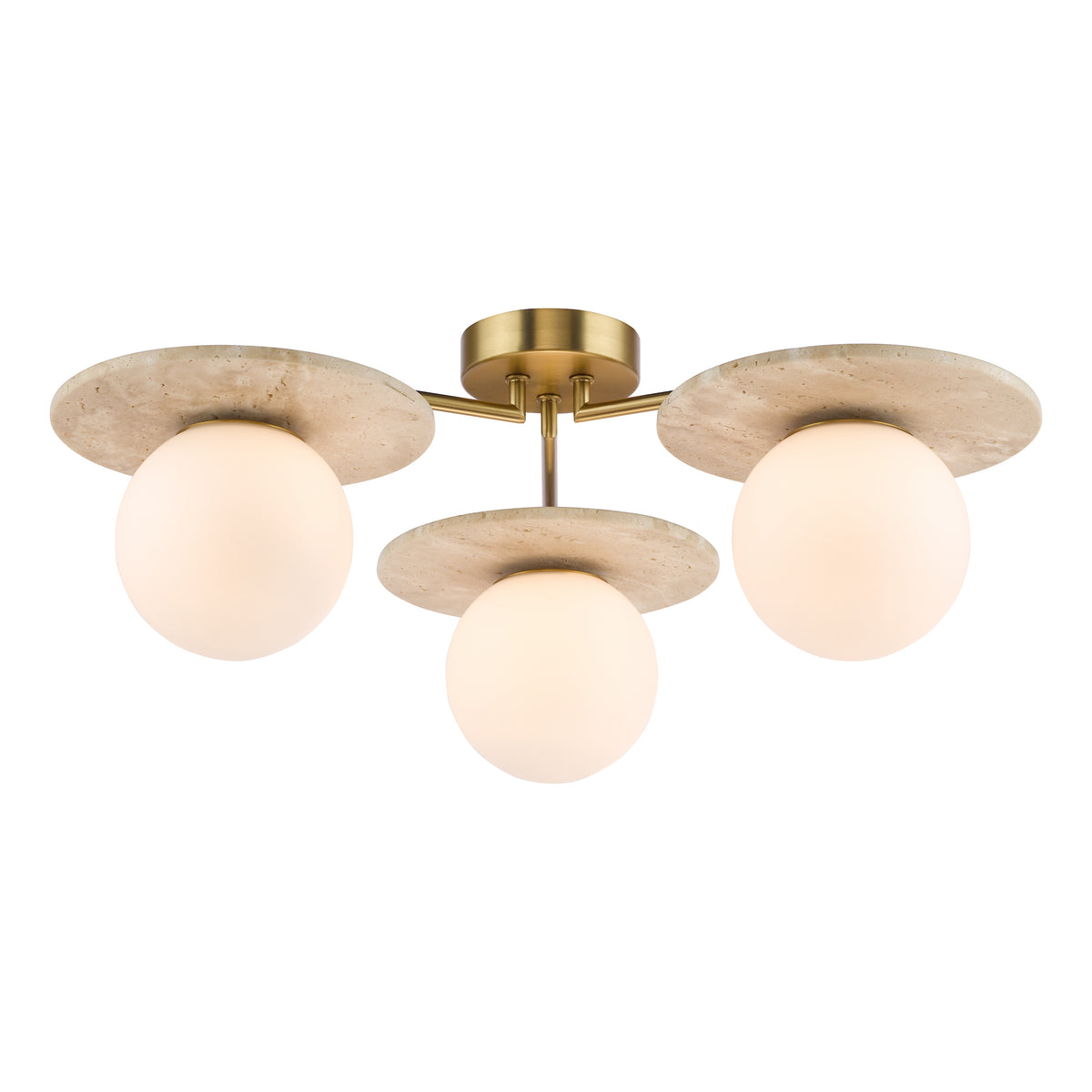 Inaya 3 Arm Semi Flush Ceiling Light in Natural Brass & Travertine with Opal Glass Shades