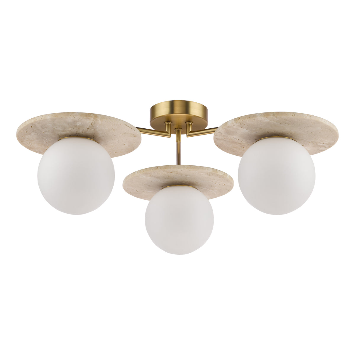Inaya 3 Arm Semi Flush Ceiling Light in Natural Brass & Travertine with Opal Glass Shades