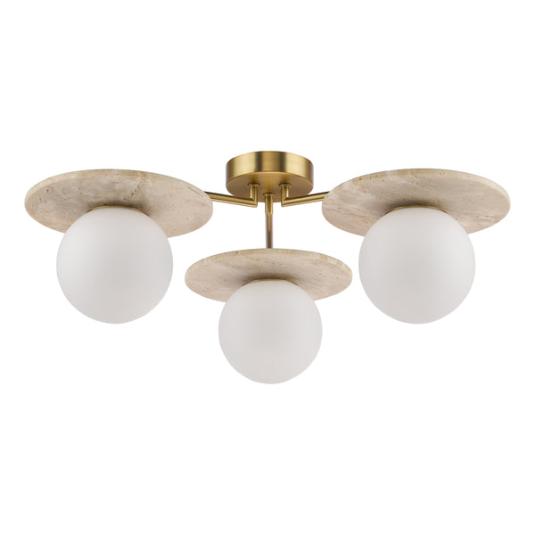 Inaya 3 Arm Semi Flush Ceiling Light in Natural Brass & Travertine with Opal Glass Shades