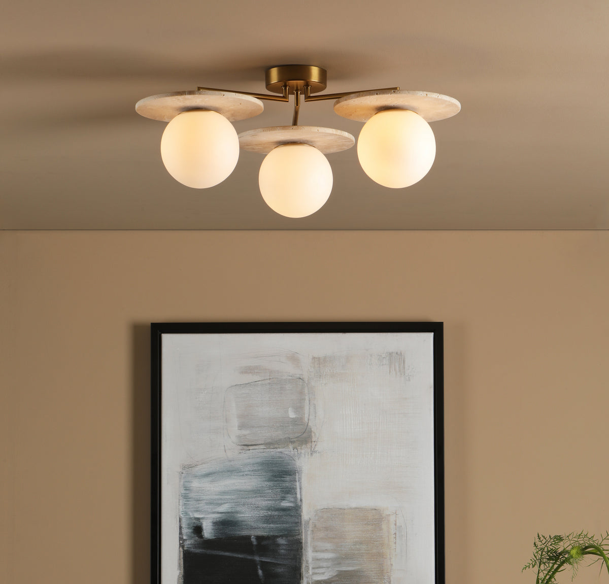 Inaya 3 Arm Semi Flush Ceiling Light in Natural Brass & Travertine with Opal Glass Shades