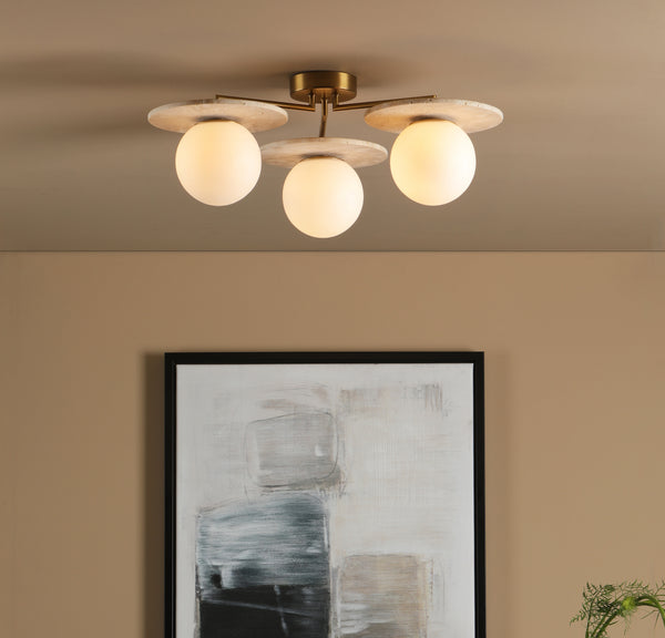 Inaya 3 Arm Semi Flush Ceiling Light in Natural Brass & Travertine with Opal Glass Shades