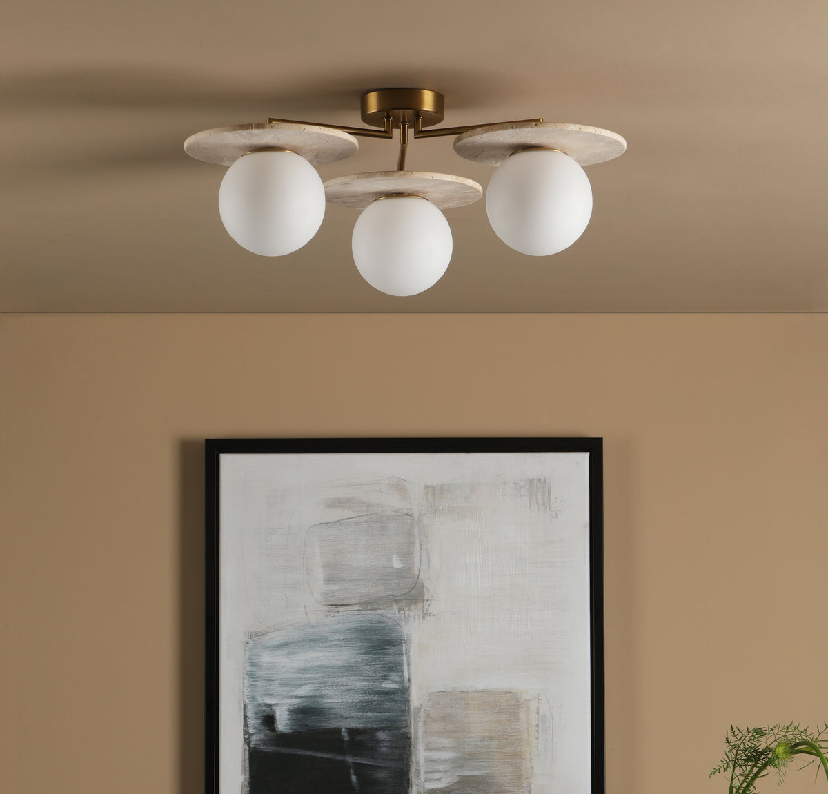 Inaya 3 Arm Semi Flush Ceiling Light in Natural Brass & Travertine with Opal Glass Shades