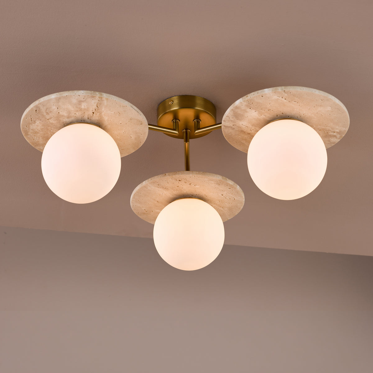 Inaya 3 Arm Semi Flush Ceiling Light in Natural Brass & Travertine with Opal Glass Shades