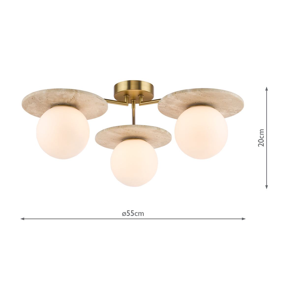 Inaya 3 Arm Semi Flush Ceiling Light in Natural Brass & Travertine with Opal Glass Shades