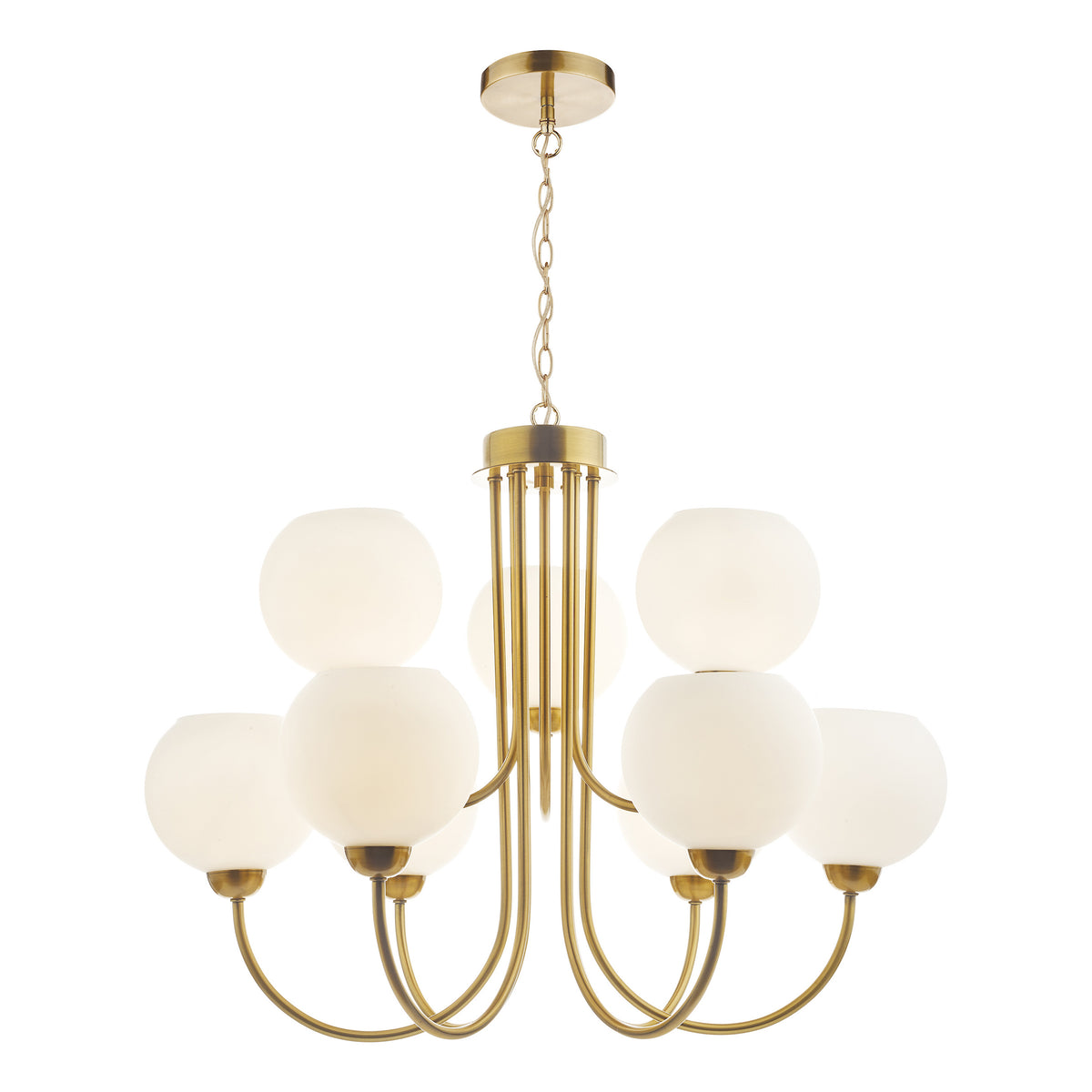 Indra Nine Light Pendant Chandelier in Natural Brass with Opal Glass Globes