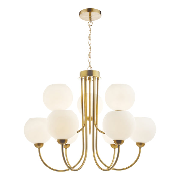 Indra Nine Light Pendant Chandelier in Natural Brass with Opal Glass Globes