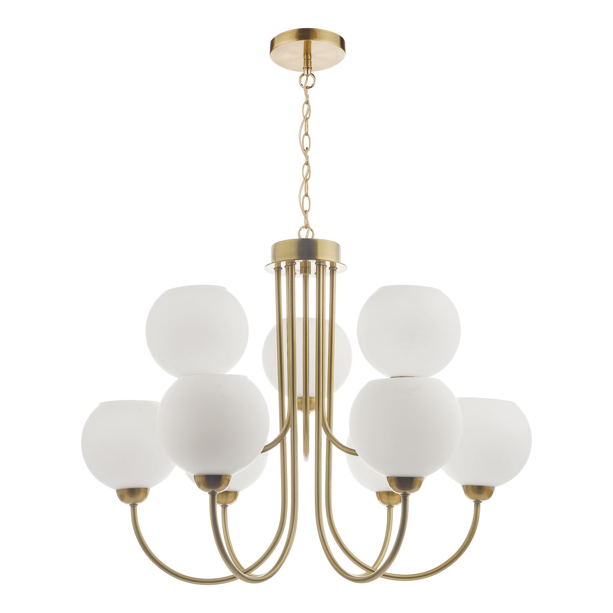 Indra Nine Light Pendant Chandelier in Natural Brass with Opal Glass Globes