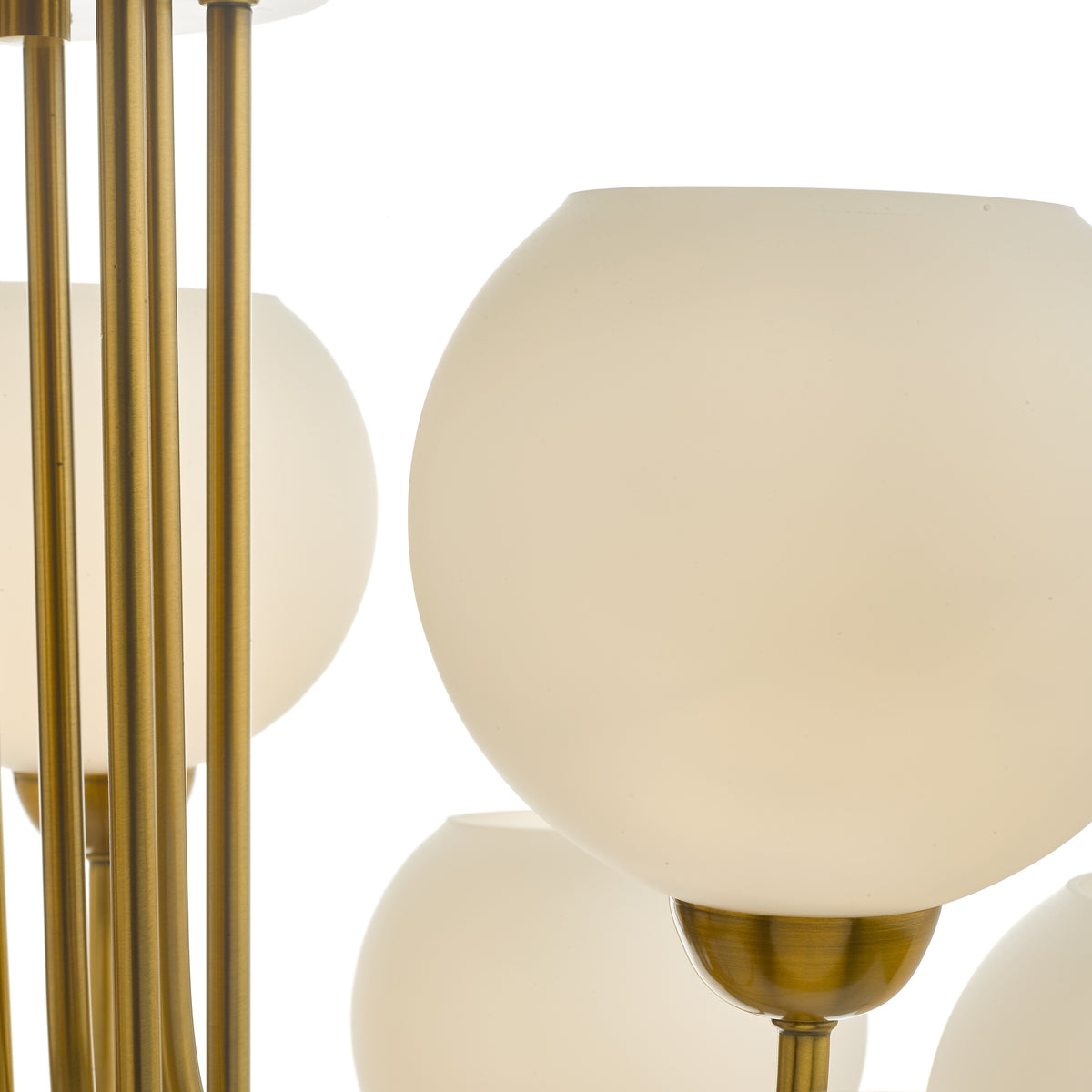 Indra Nine Light Pendant Chandelier in Natural Brass with Opal Glass Globes