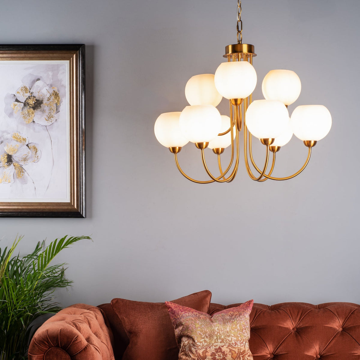 Indra Nine Light Pendant Chandelier in Natural Brass with Opal Glass Globes