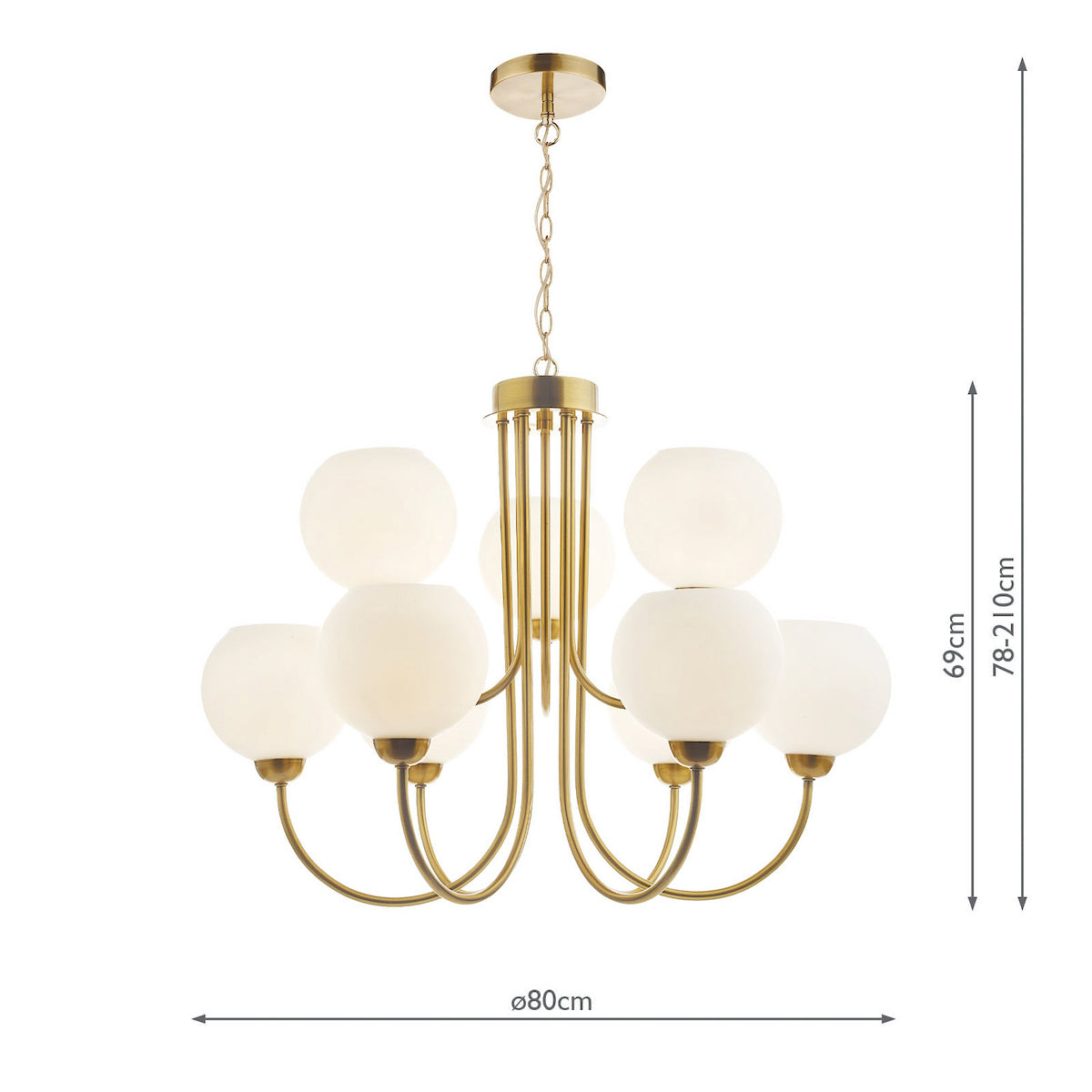 Indra Nine Light Pendant Chandelier in Natural Brass with Opal Glass Globes