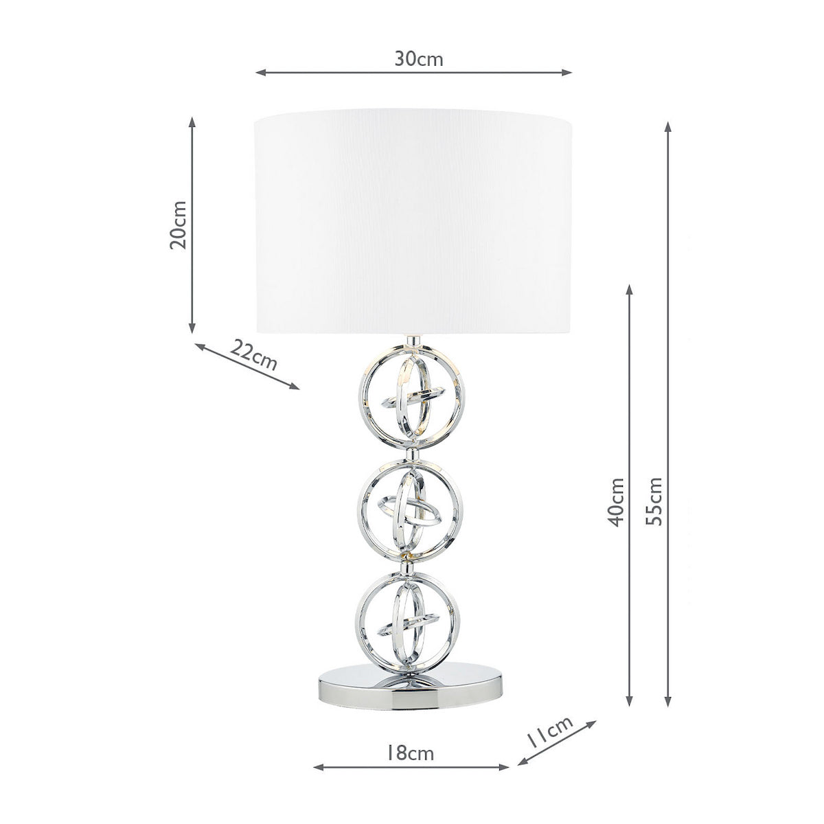 Chrome table lamp with three orb-like bases and a white drum shade, with dimensions.
