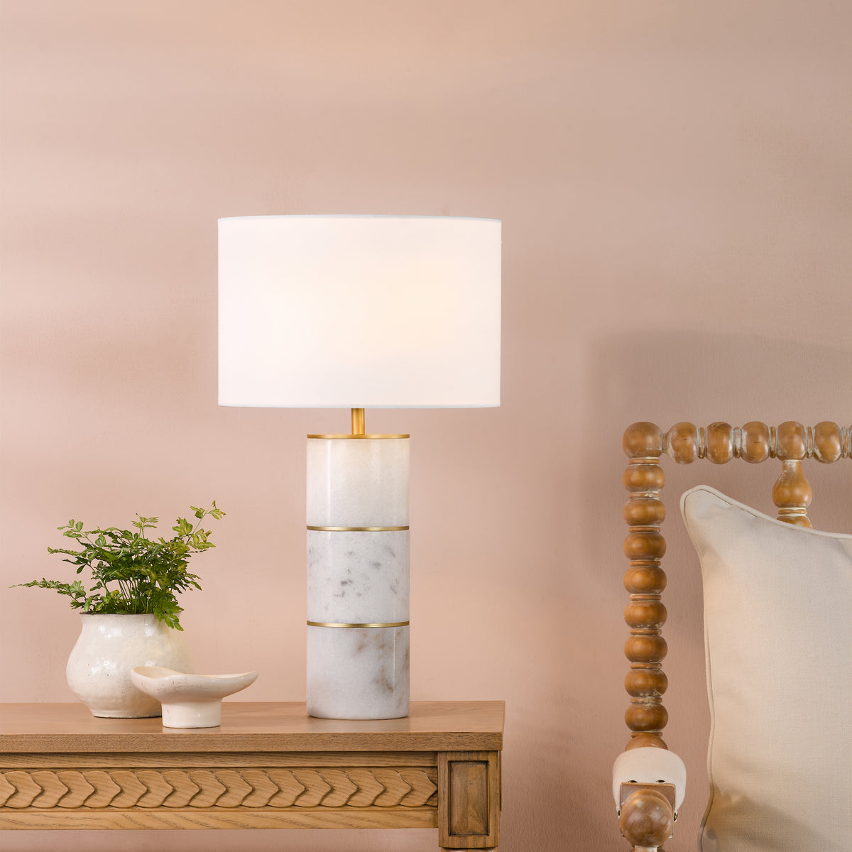 Ishana Marble Table Lamp with Antique Brass Detail & White Linen Shade