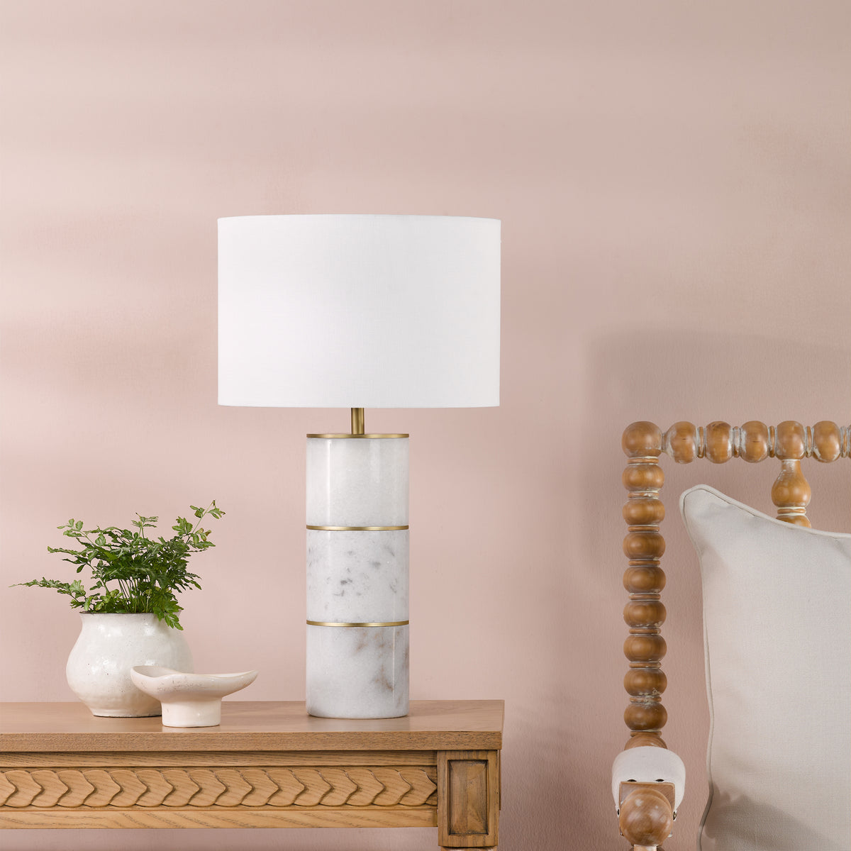 Ishana Marble Table Lamp with Antique Brass Detail & White Linen Shade