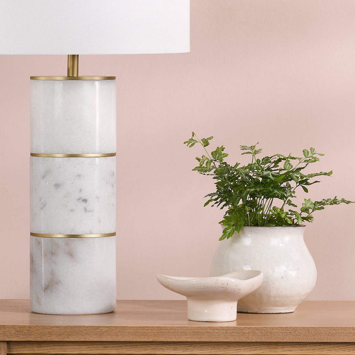Ishana Marble Table Lamp with Antique Brass Detail & White Linen Shade