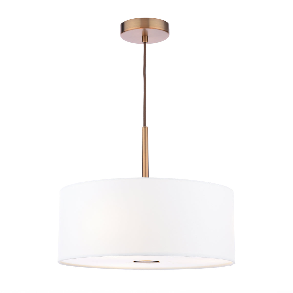 White drum pendant light with a bronze ceiling rose and stem