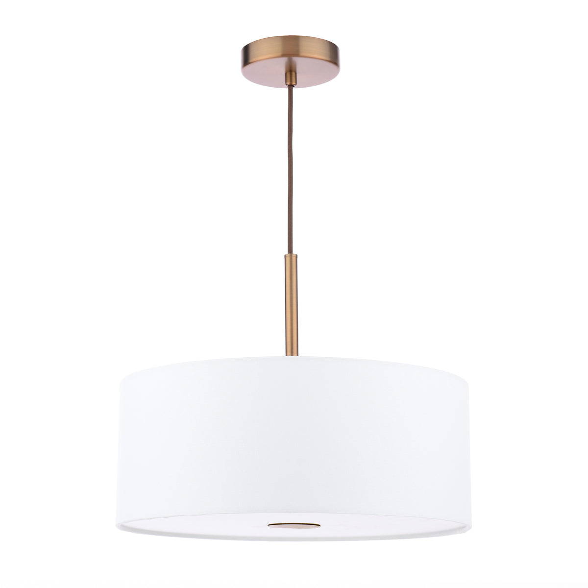 White drum pendant light with a bronze ceiling plate and stem