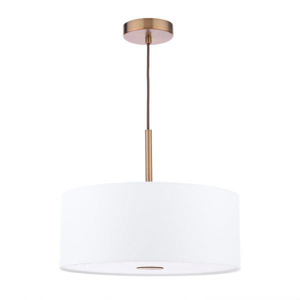 White drum pendant light with a bronze ceiling plate and stem