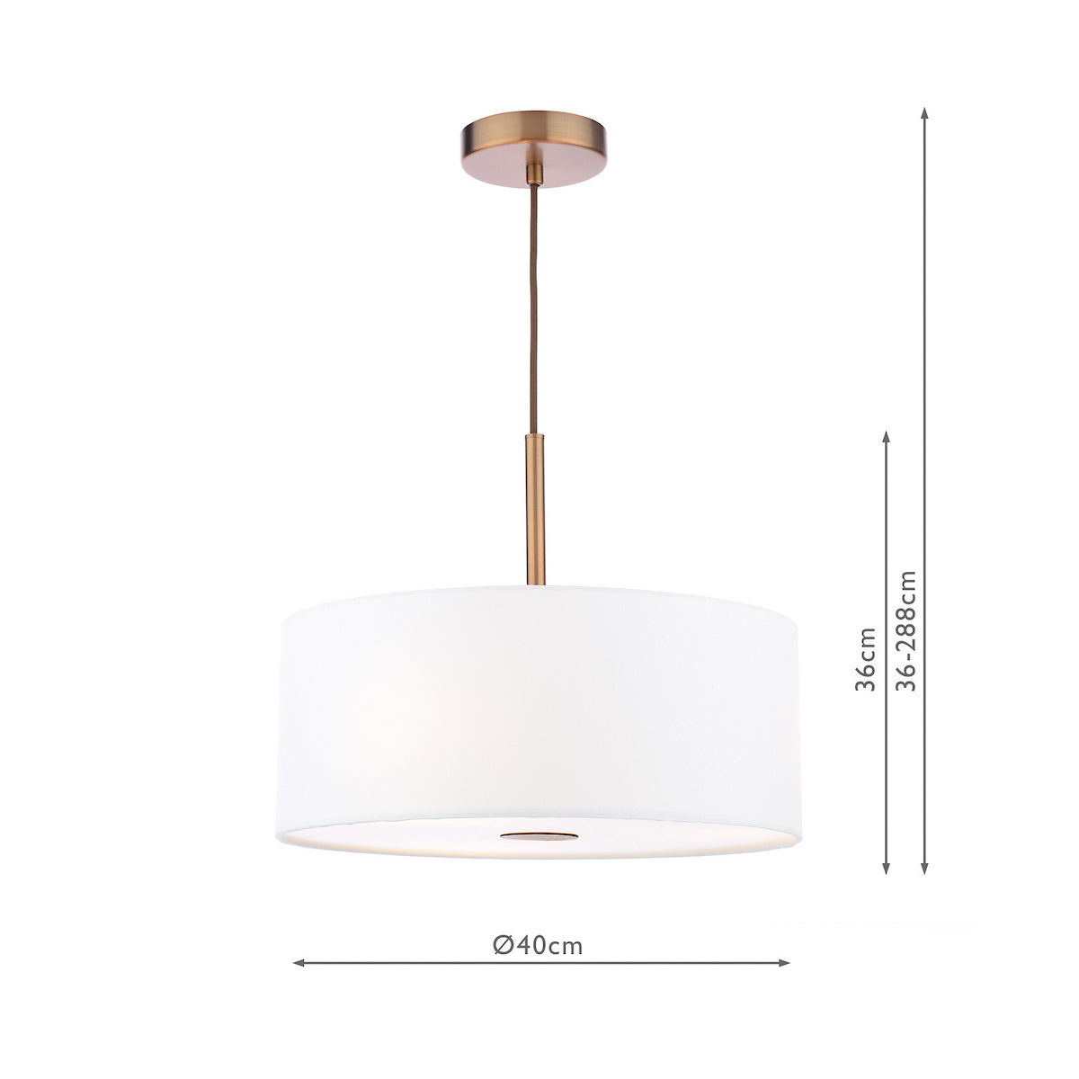 White drum pendant light with bronze accents and dimensions