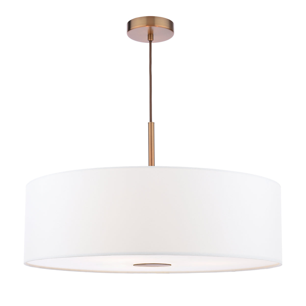 White drum pendant light with a bronze ceiling rose and stem
