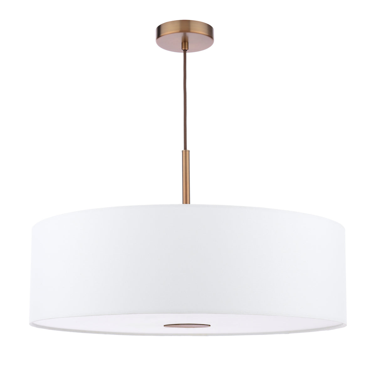 White drum pendant light with bronze accents