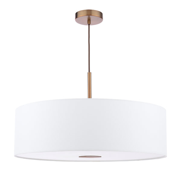 White drum pendant light with bronze accents