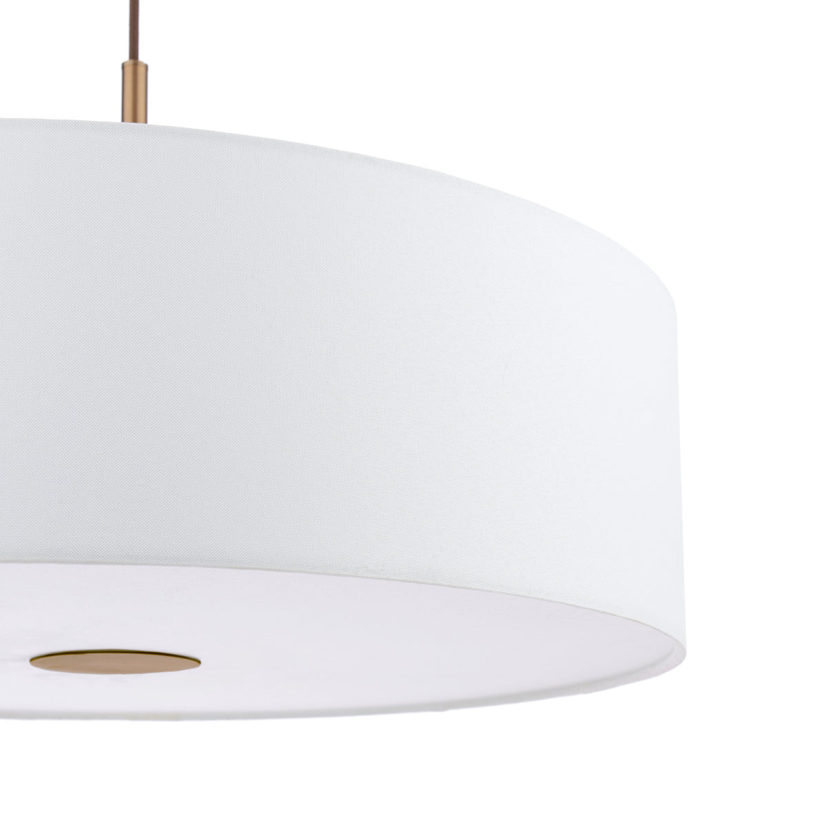 White drum pendant light with a bronze rod and a bronze accent on the bottom