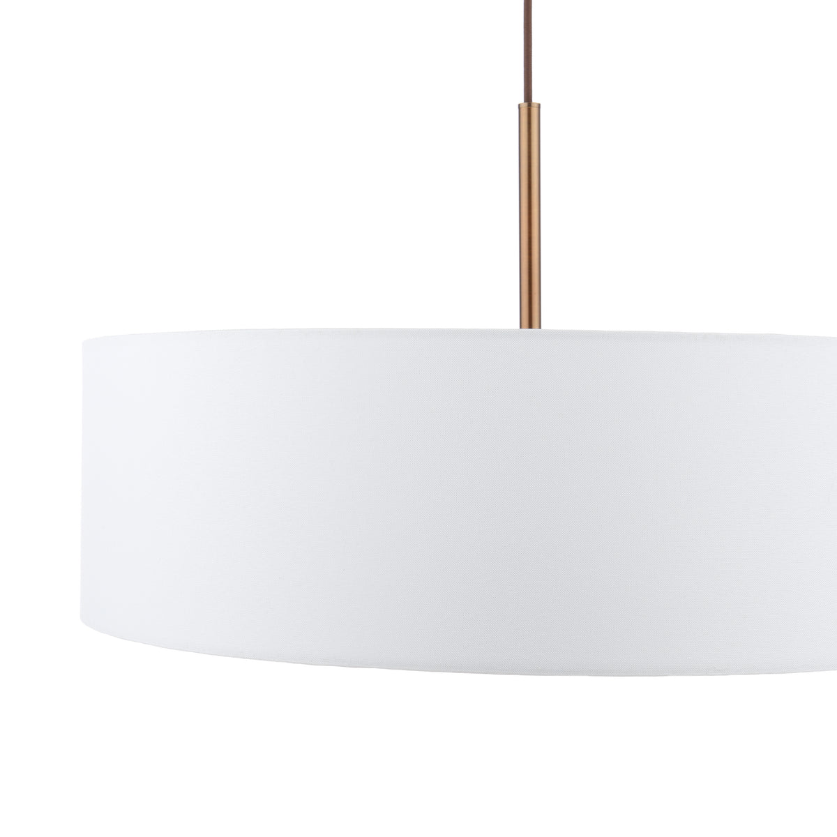 White drum pendant light with a bronze rod and brown cord