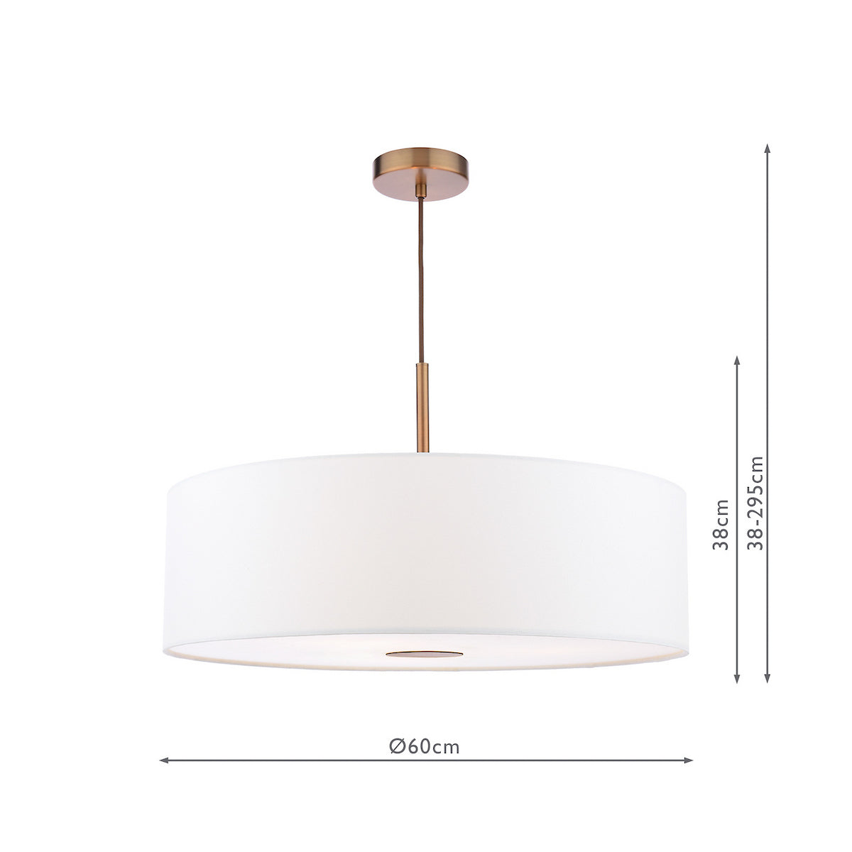 White drum pendant light with copper accents and dimensions