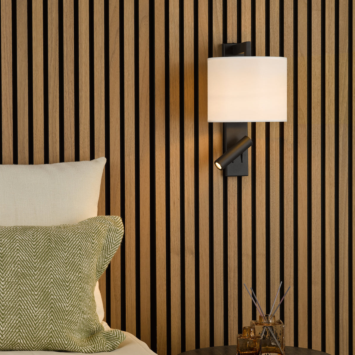 Itala Bedside Wall & LED Reading Light with in Matt Black with Ivory Cotton Shade
