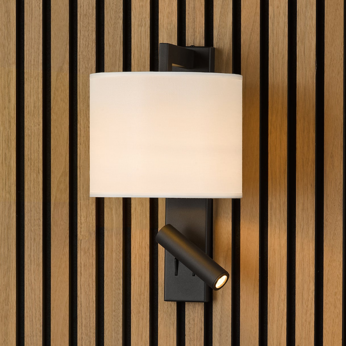 Itala Bedside Wall & LED Reading Light with in Matt Black with Ivory Cotton Shade
