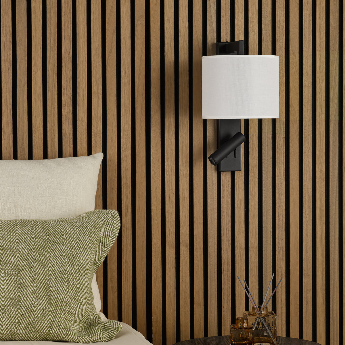 Itala Bedside Wall & LED Reading Light with in Matt Black with Ivory Cotton Shade