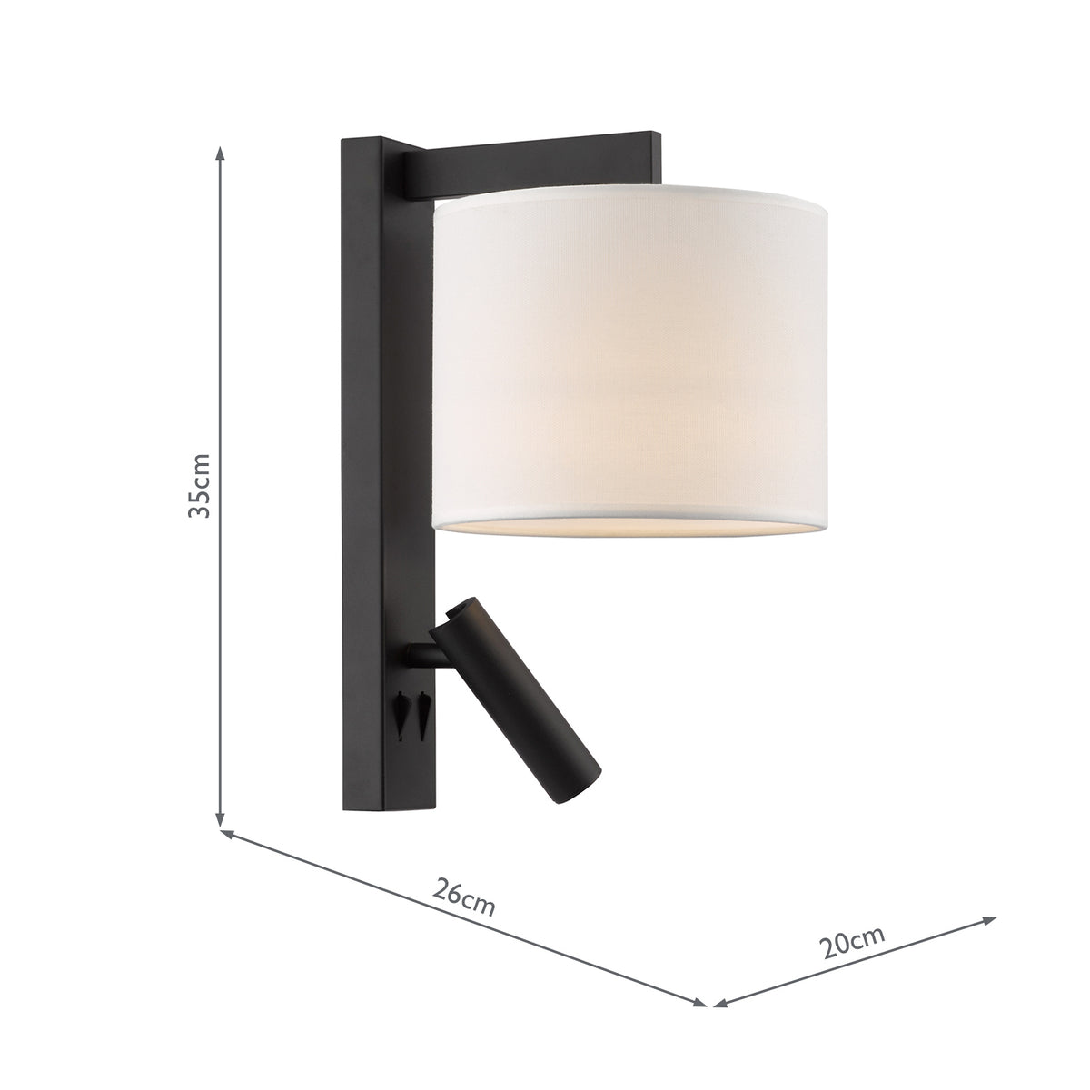 Itala Bedside Wall & LED Reading Light with in Matt Black with Ivory Cotton Shade