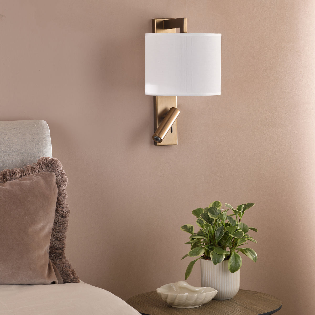 Itala Bedside Wall & LED Reading Light with in Antique Bronze with Ivory Cotton Shade
