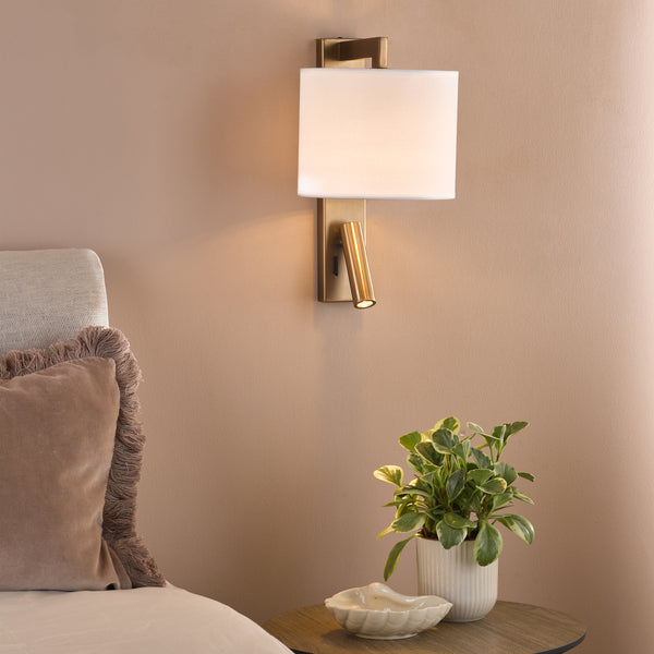 Itala Bedside Wall & LED Reading Light with in Antique Bronze with Ivory Cotton Shade