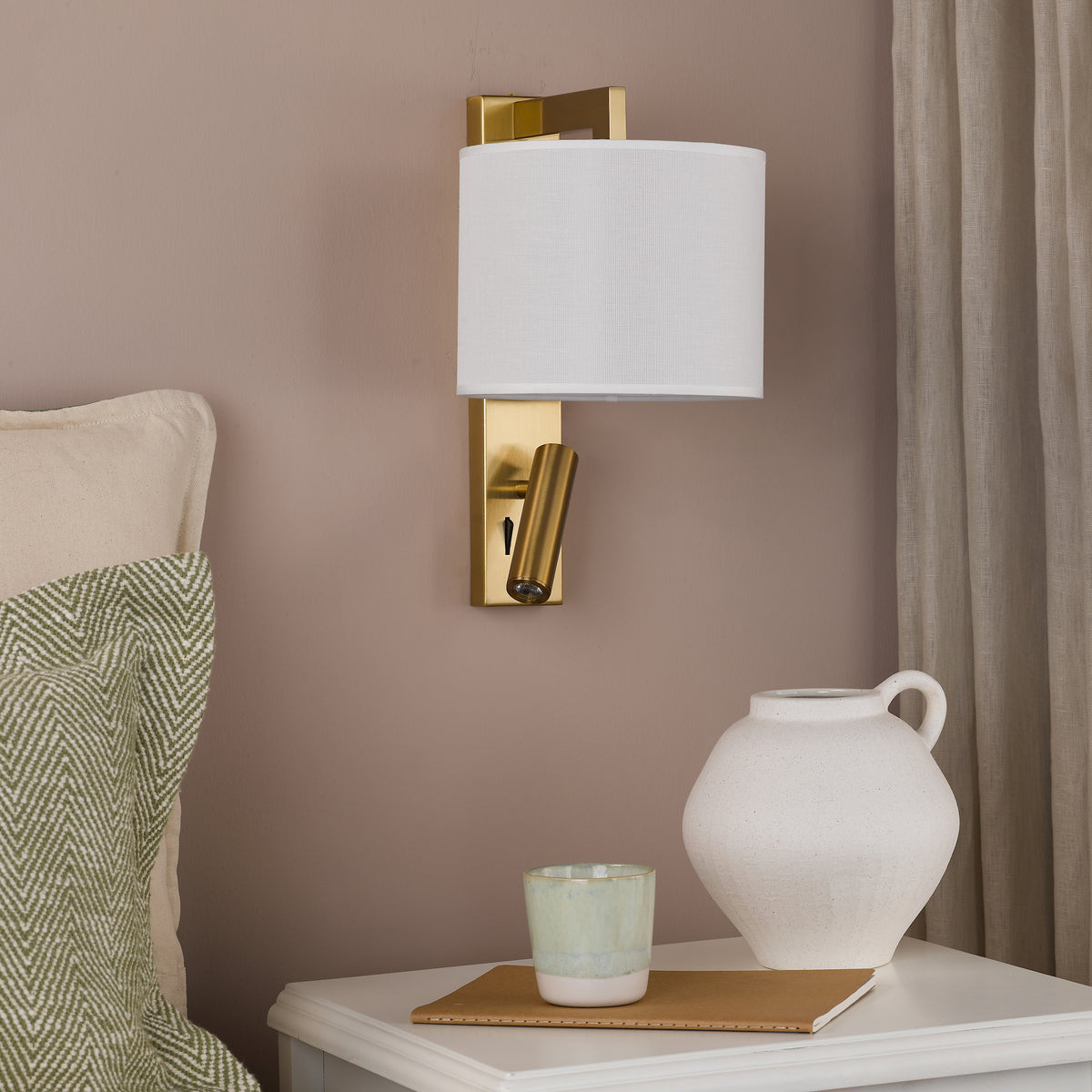Itala Bedside Wall & LED Reading Light with in Antique Bronze with Ivory Cotton Shade
