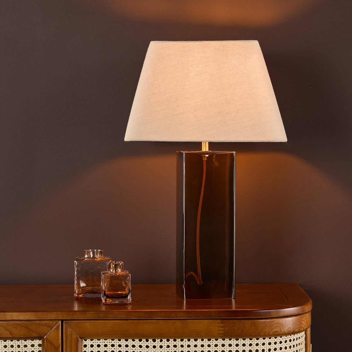 Izar Brown Glass Table Lamp with Taupe Linen Shade