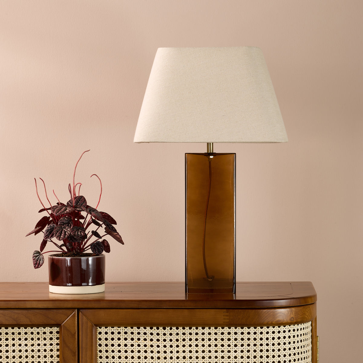 Izar Brown Glass Table Lamp with Taupe Linen Shade