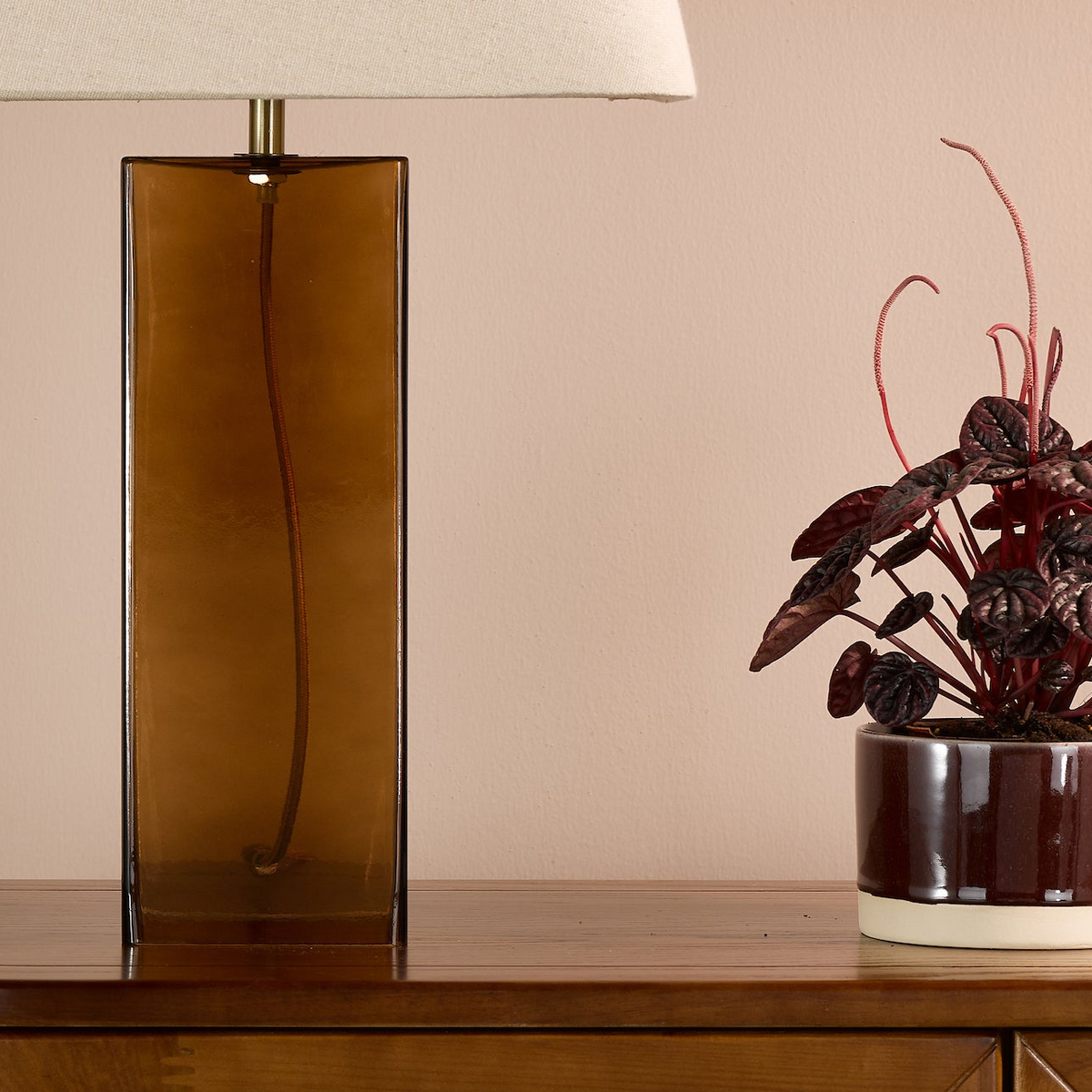 Izar Brown Glass Table Lamp with Taupe Linen Shade