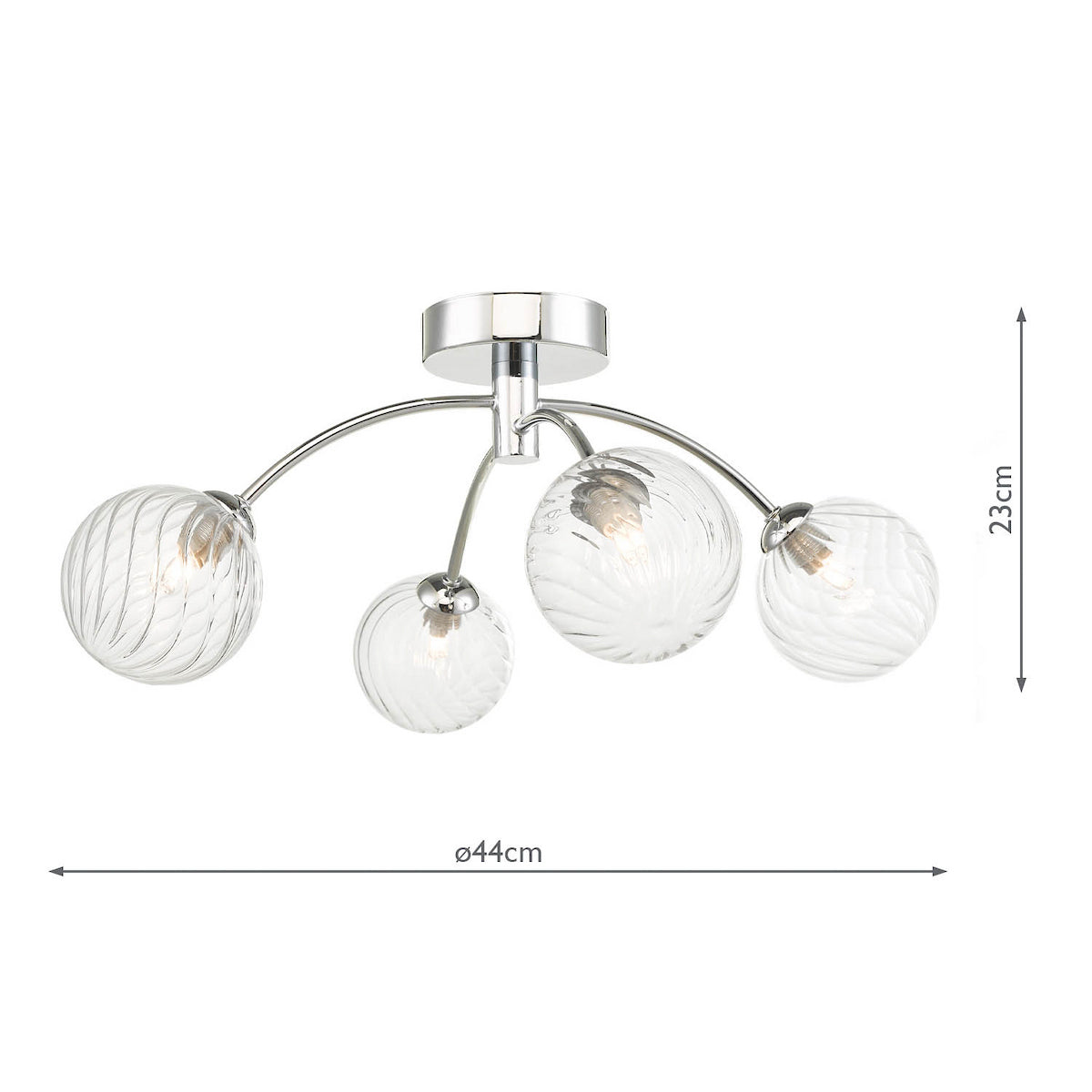 Chrome ceiling light with four clear, textured glass globes, showing dimensions of 23cm height and 44cm diameter.