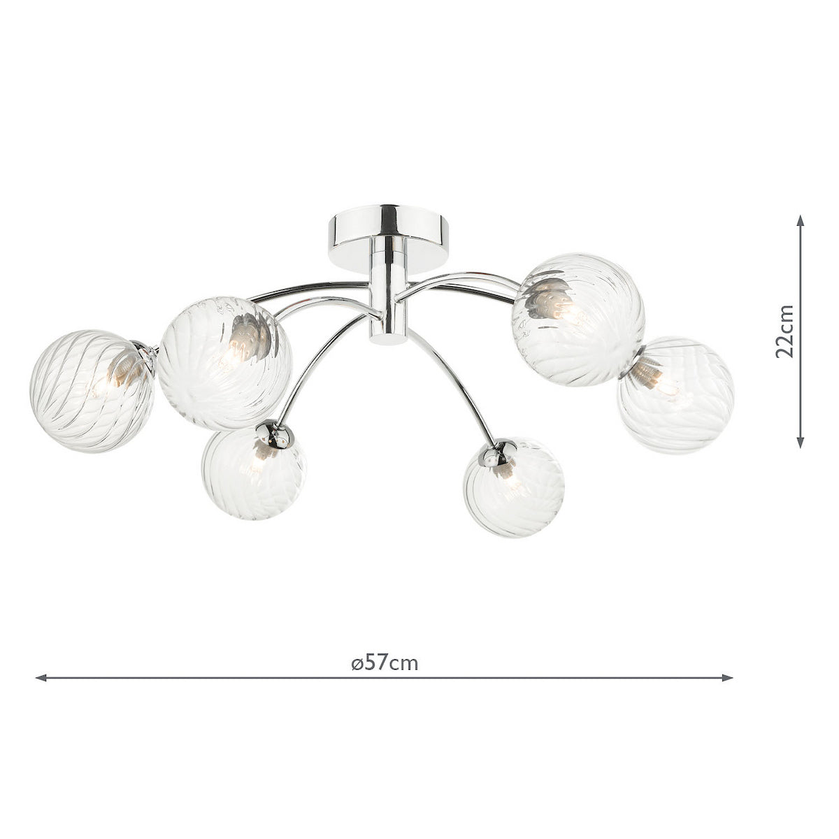 Chrome ceiling light with six clear, textured glass globe shades. Dimensions: 57cm diameter, 22cm height.