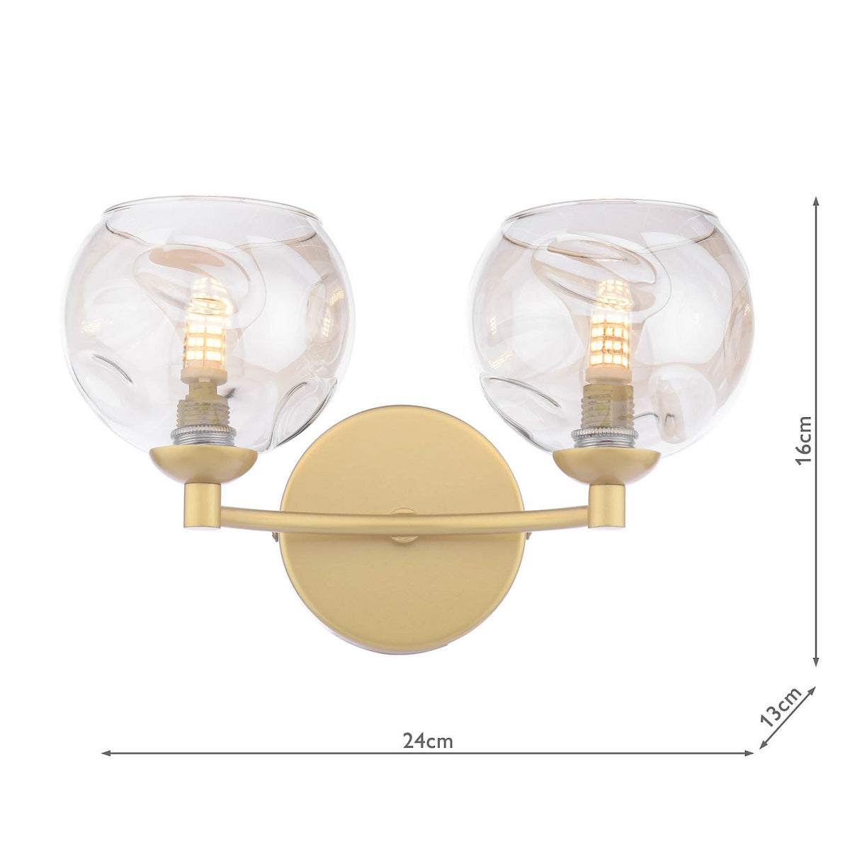 Gold wall sconce with two clear, textured glass globes and exposed filament bulbs.