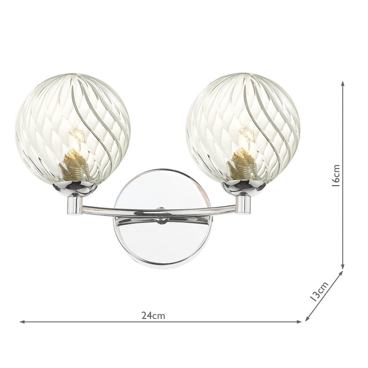 Chrome wall light with two clear, textured glass globe shades, showing dimensions of 24cm width, 16cm height, and 13cm depth.