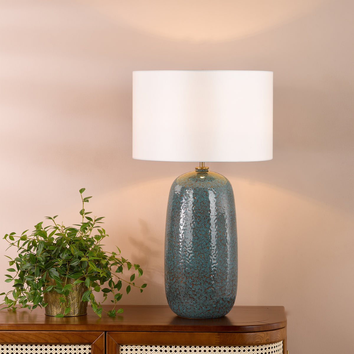 Jadis Ceramic Table Lamp in Blue with Ivory Linen Shade