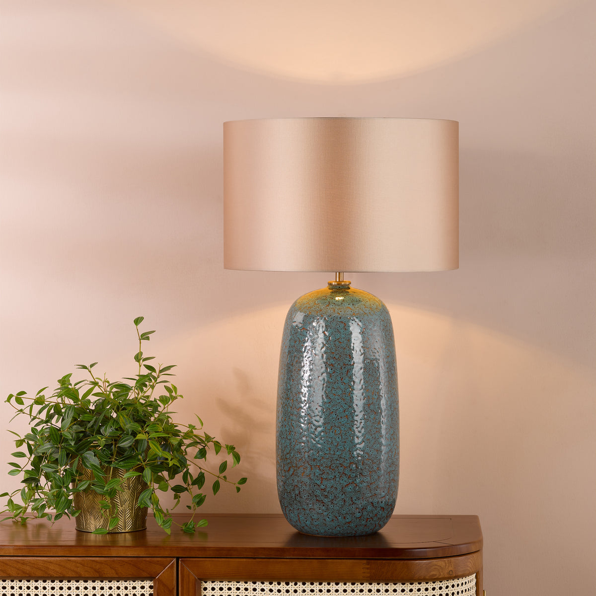 Jadis Ceramic Table Lamp in Blue with Taupe Cotton Shade