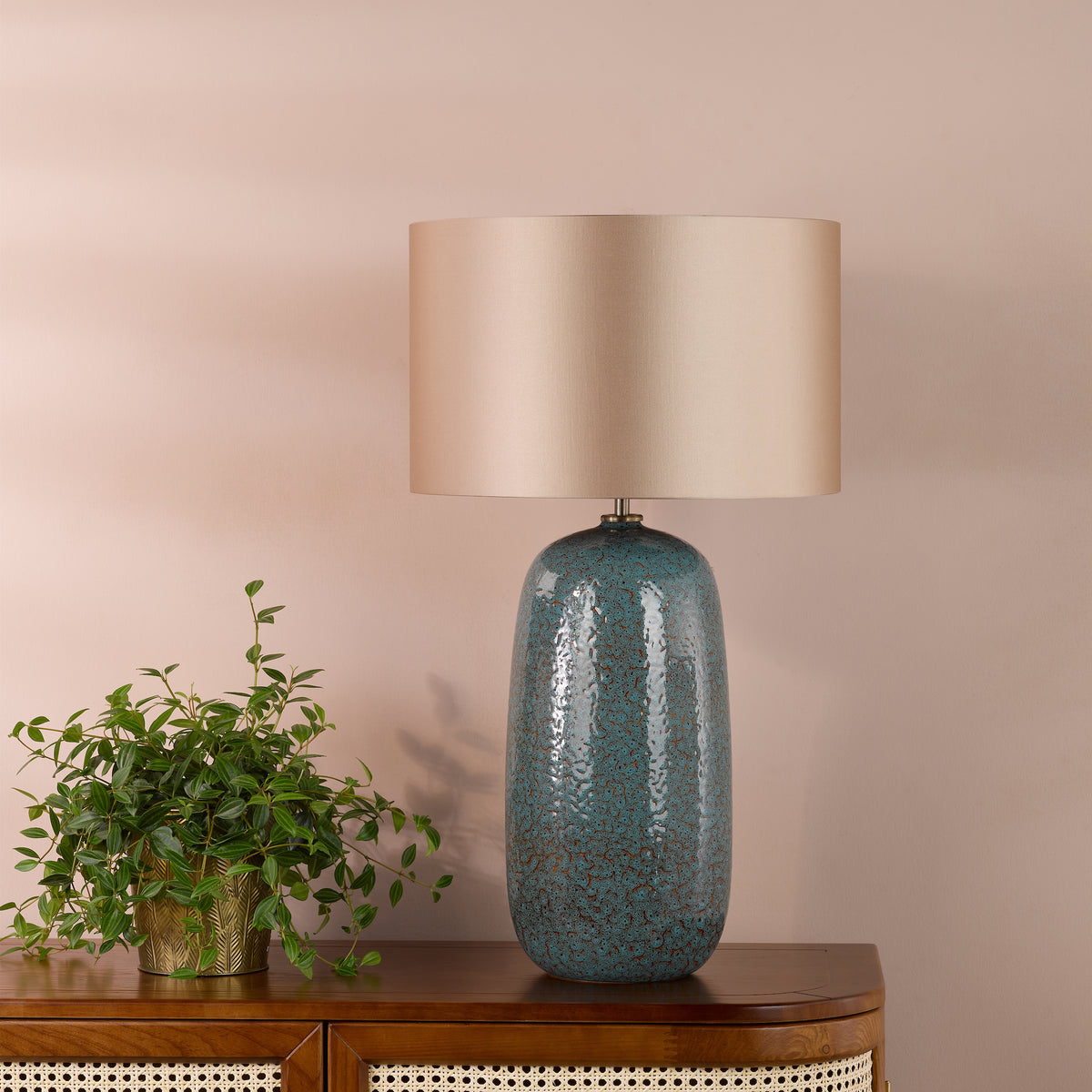 Jadis Ceramic Table Lamp in Blue with Taupe Cotton Shade
