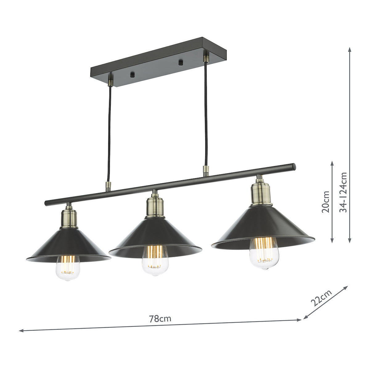 Jalen Three Light Linear Bar Pendant in Graphite and Antique Brass