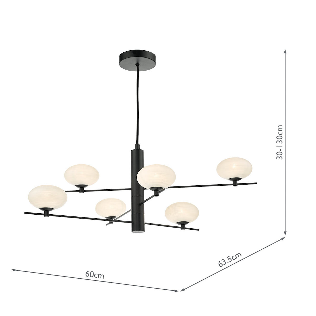 Black chandelier with six spherical, frosted glass shades, showing dimensions of 60cm width, 63.5cm depth, and 30-130cm height.