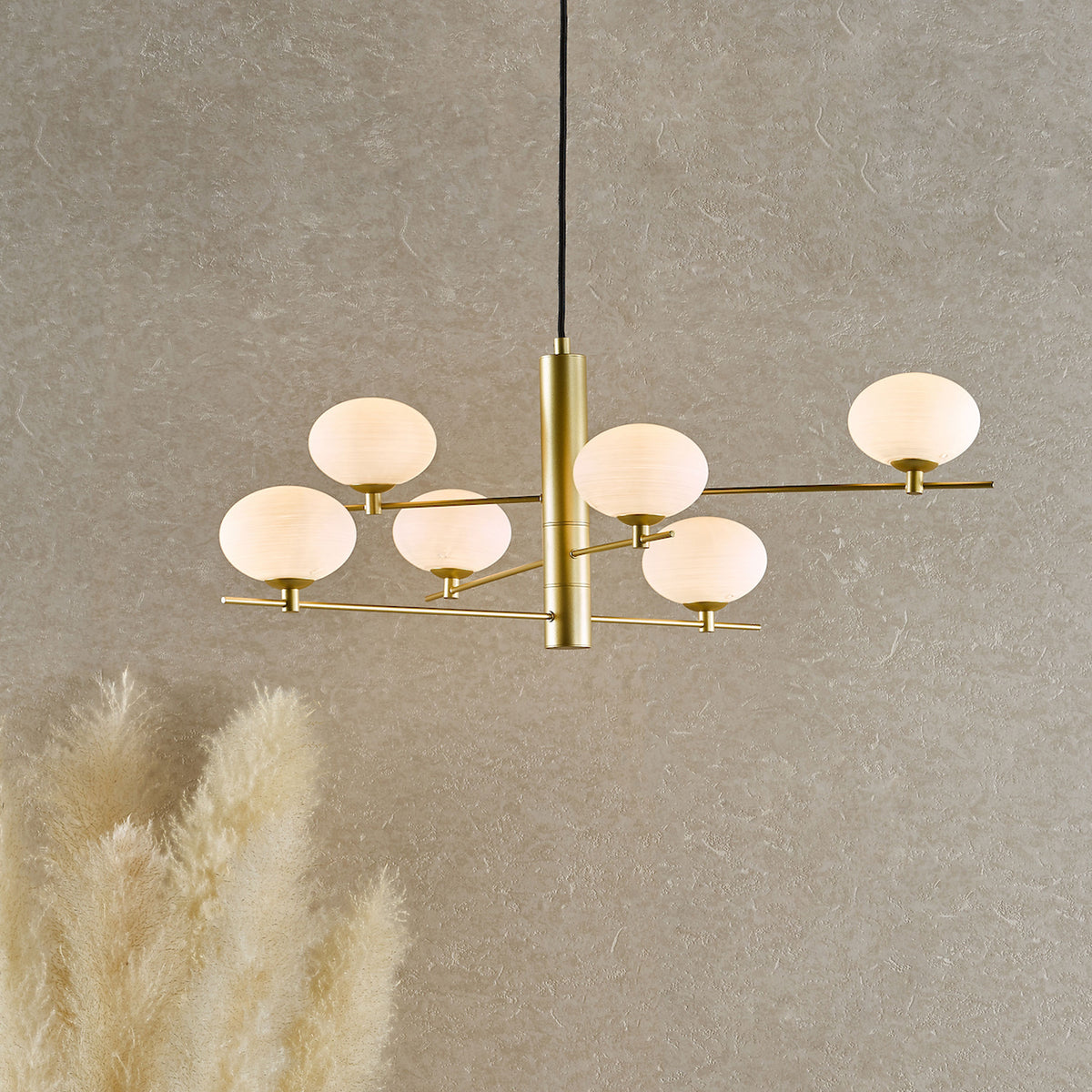 Jasper 6 Light Pendant In Satin Gold With Opal Glass Shades