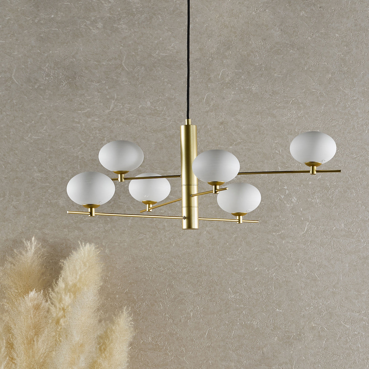 Jasper 6 Light Pendant In Satin Gold With Opal Glass Shades